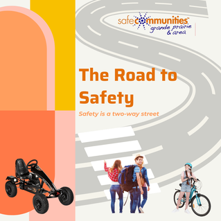Picture showing colf blocks on right third, a cartoon style winding road drawing and a photo of a pedal car, teens at a crosswalk and a teen with a bicycle.  Words say the Road to Safety, Safety is a two way street.  logo for Grande Prairie and Area Safe Communities is at the top of the picture.